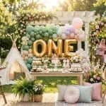 Best First Birthday Party Ideas for Boys and Girls (2026 Themes) First birthday party setup with balloons, cake, and decorations in a garden setting.