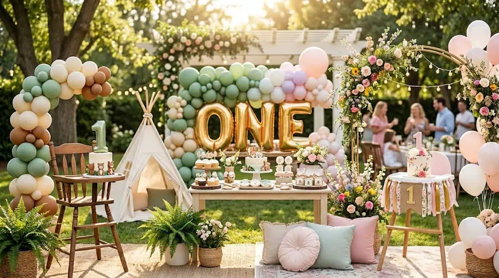 First birthday party setup with balloons, cake, and decorations in a garden setting.