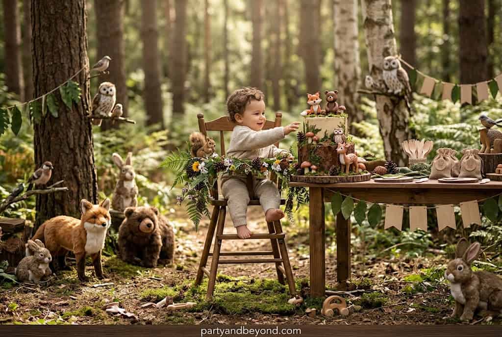 Forest themed birthday with fox deer owl decorations and wood textures Best First Birthday Party Ideas for Boy and Girl