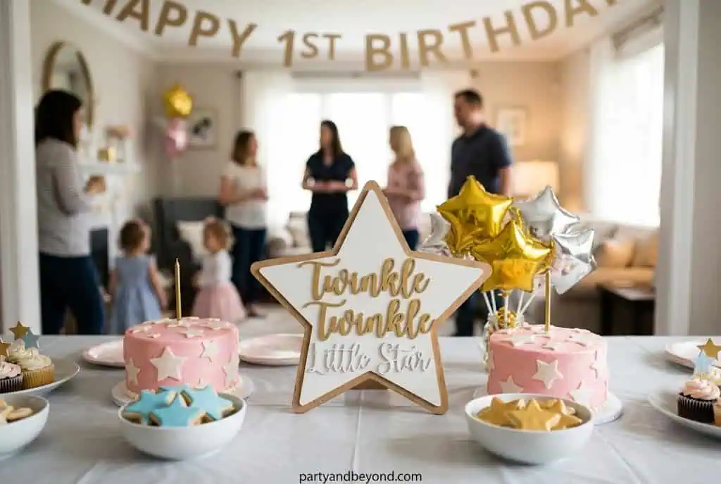 Starry night birthday with navy gold balloons and moon decor