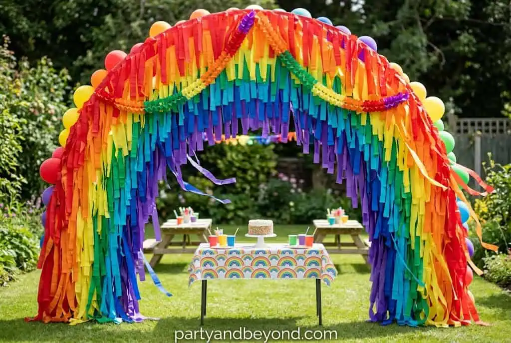 Rainbow balloon arch first birthday with bright colorful setup
