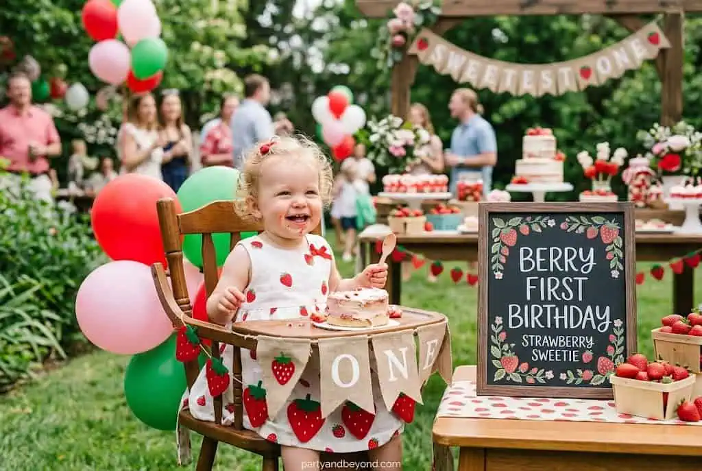 Strawberry themed birthday with gingham tablecloth and berry decorations