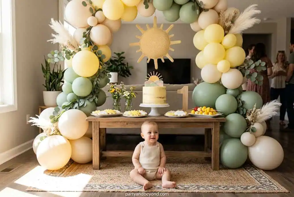 Yellow sunshine themed birthday with cheerful balloons and sunflower decor