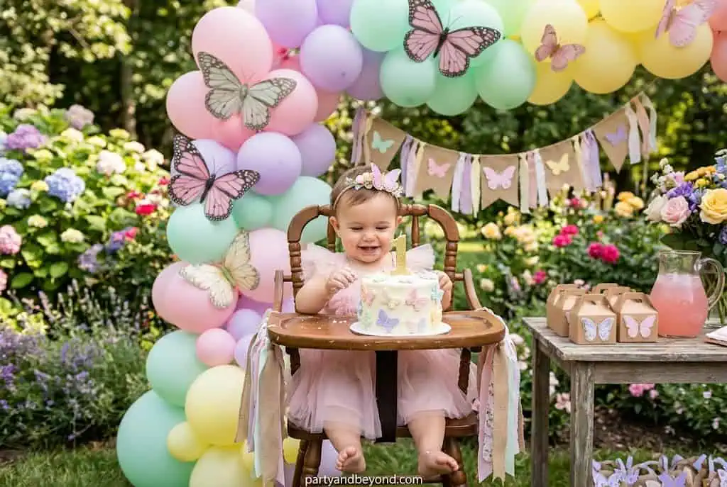 Butterfly themed garden birthday with pastel flowers and outdoor setup
