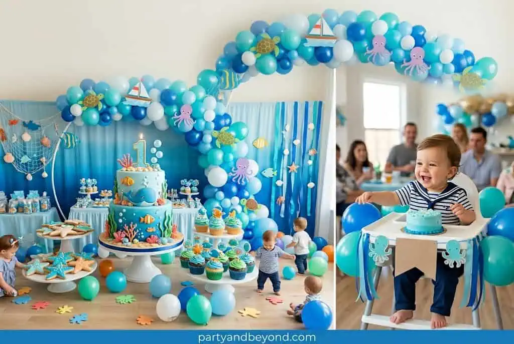 Ocean-themed birthday with blue balloons, seashells, and bubble machine