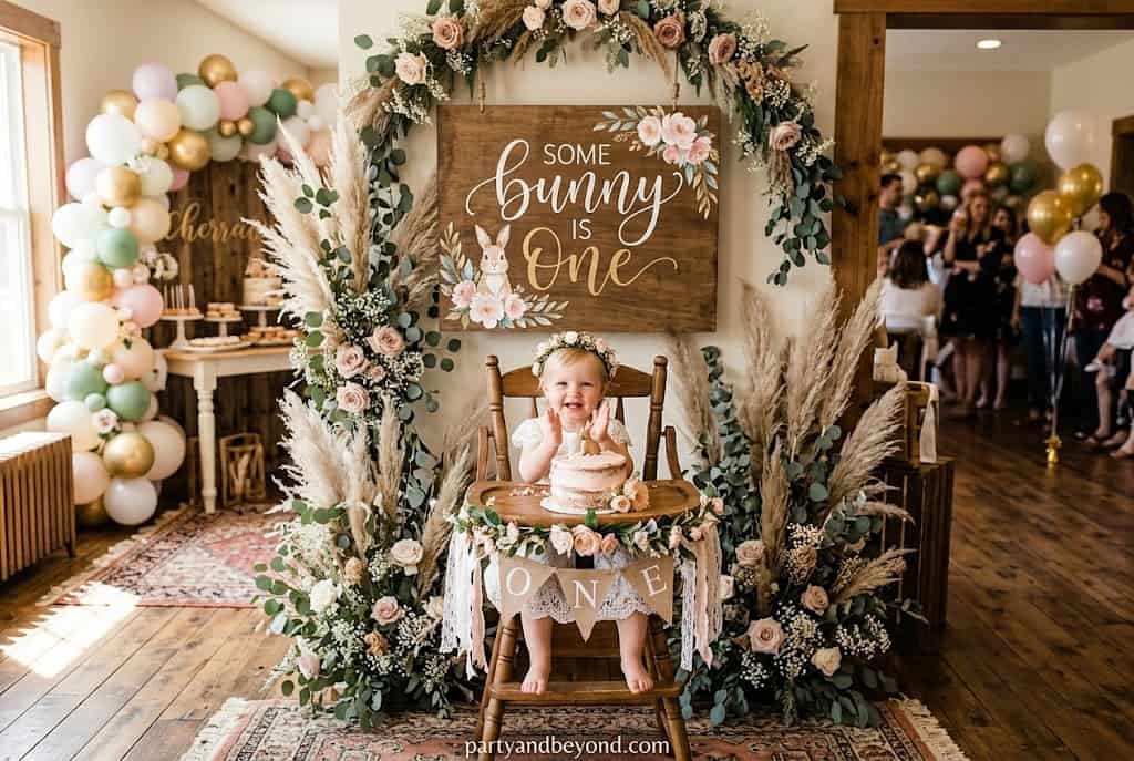 Neutral boho birthday with pampas grass, dried flowers, and soft balloon arch