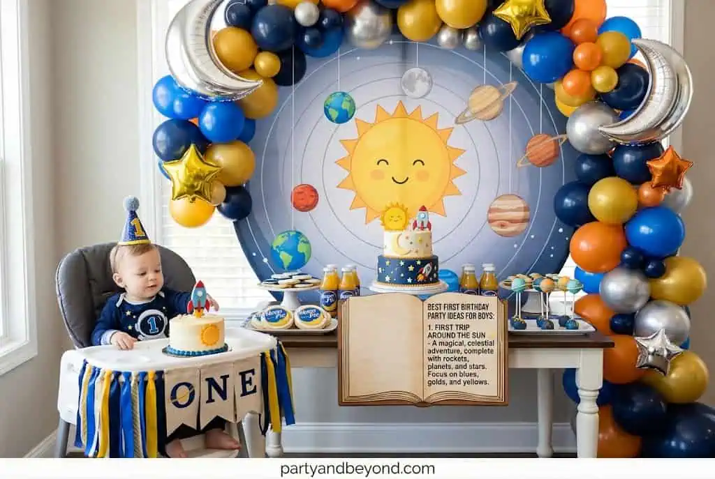 Space-themed navy and gold first birthday with stars and galaxy backdrop