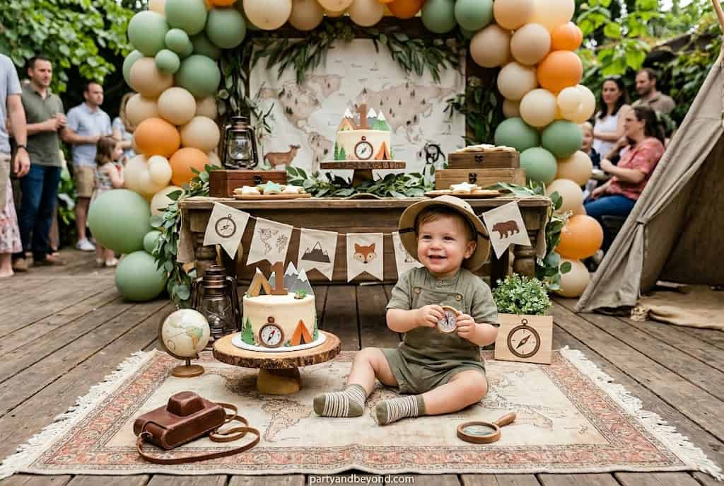 Adventure-themed first birthday with maps, binocular props, and earthy balloon decor