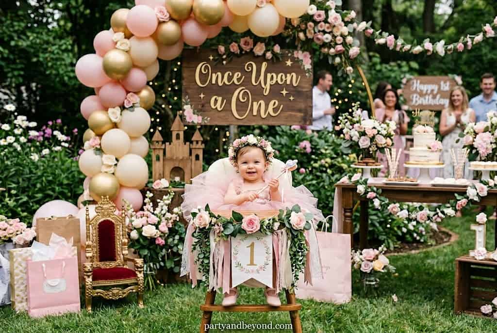 Fairytale princess birthday with castle backdrop and fairy lights