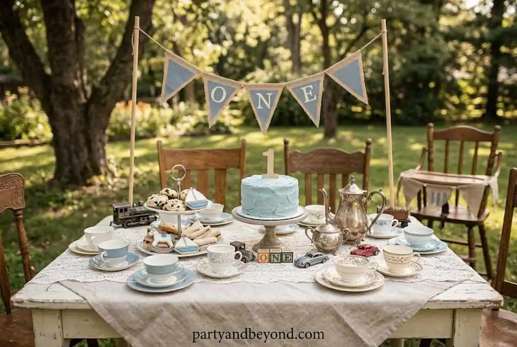 Vintage tea party birthday with teacups, lace tablecloth, and floral accents