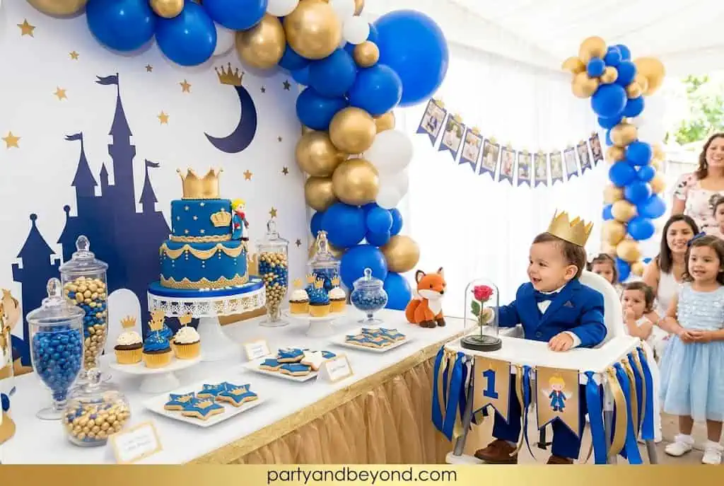 Royal blue and gold prince themed first birthday with crown and star decor