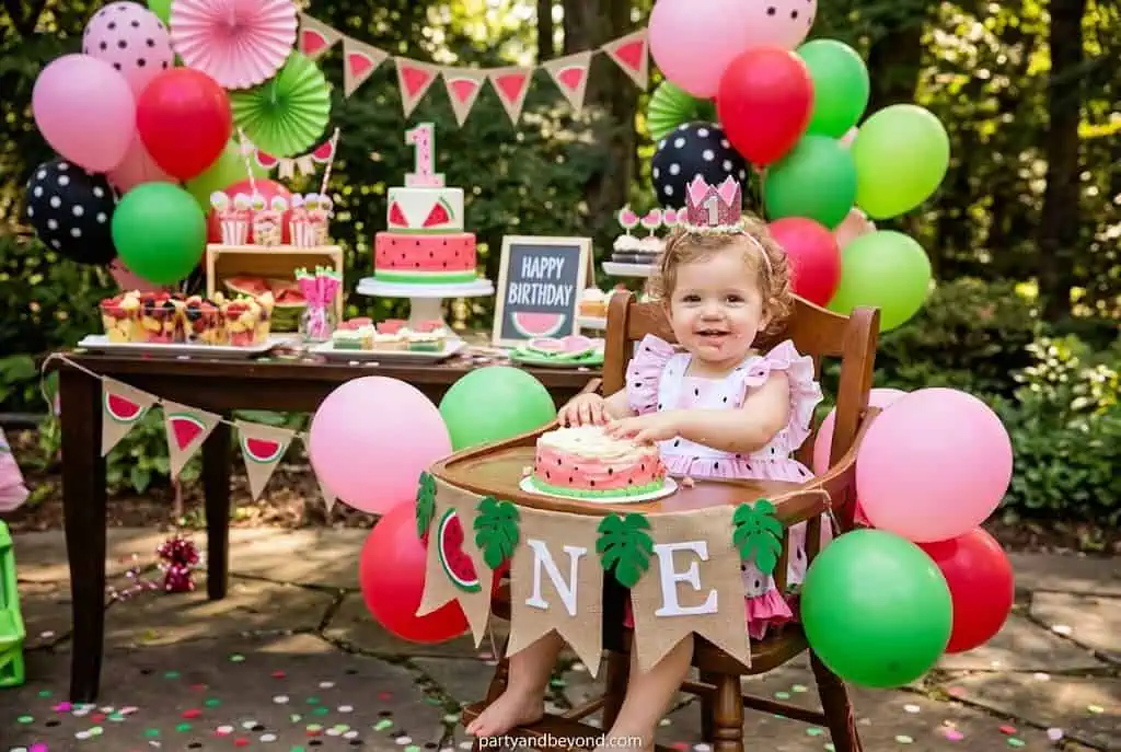 Watermelon themed birthday with pink green balloons and fruit decor
