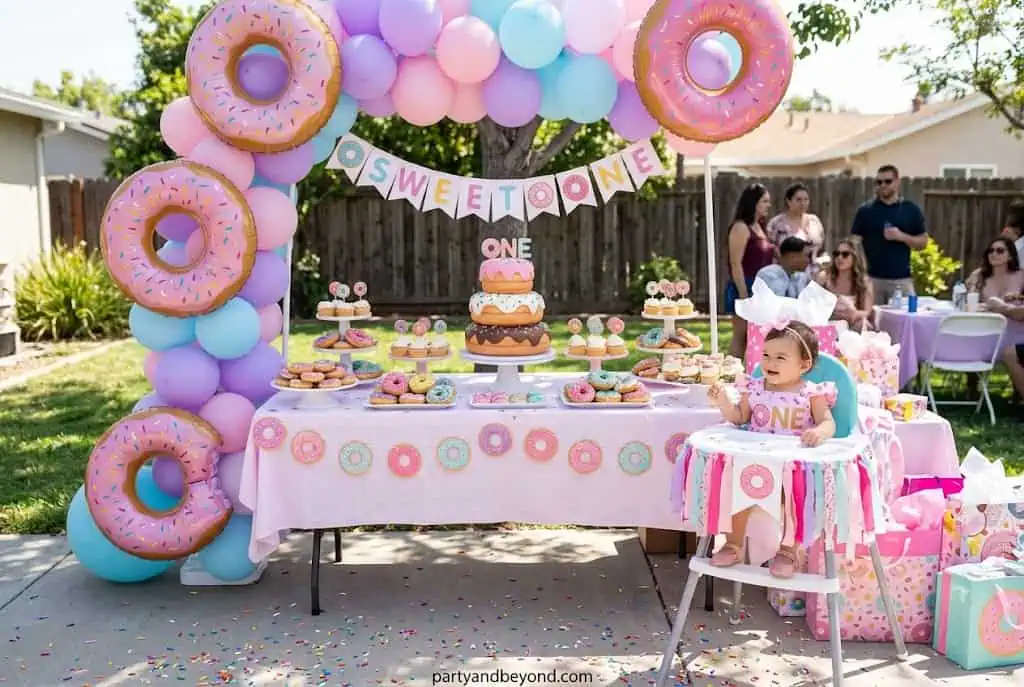 Donut wall first birthday party with pastel pink balloons and dessert display