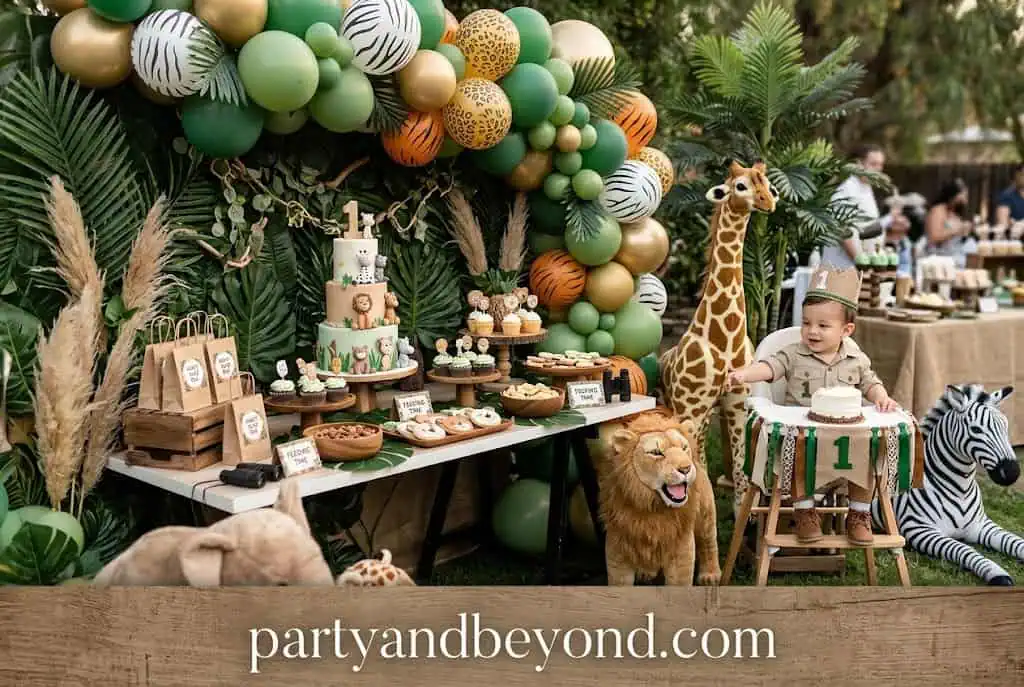 Jungle-themed Wild One first birthday with green balloon garland and safari animals