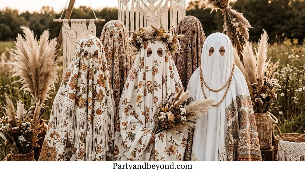 Family Halloween costumes for three as boho sheet ghosts with patterned fabric and sunglasses