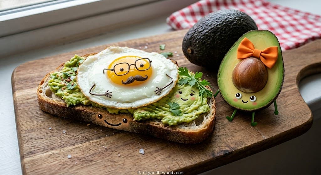 Family Halloween costumes for three as avocado toast, egg, and bread using fun DIY cardboard costumes