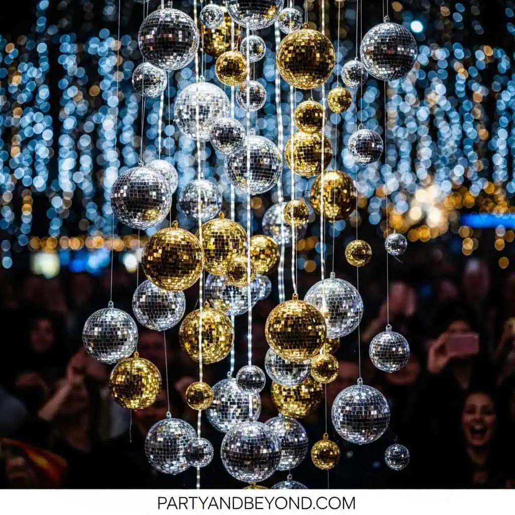 Elegant disco ball decorations for lively party atmospheres.