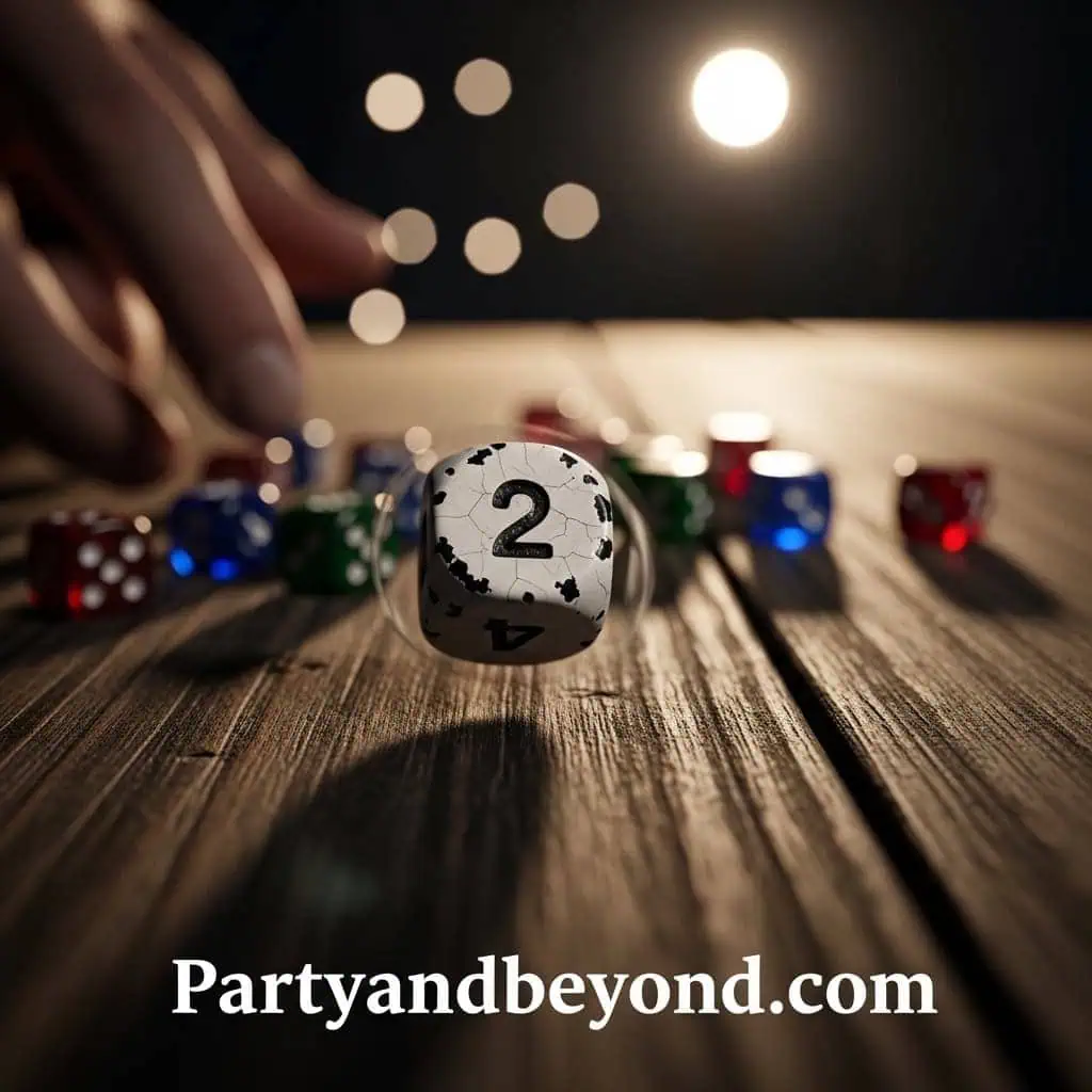 Dice and colorful game pieces for Minute to Win It party games for adults.