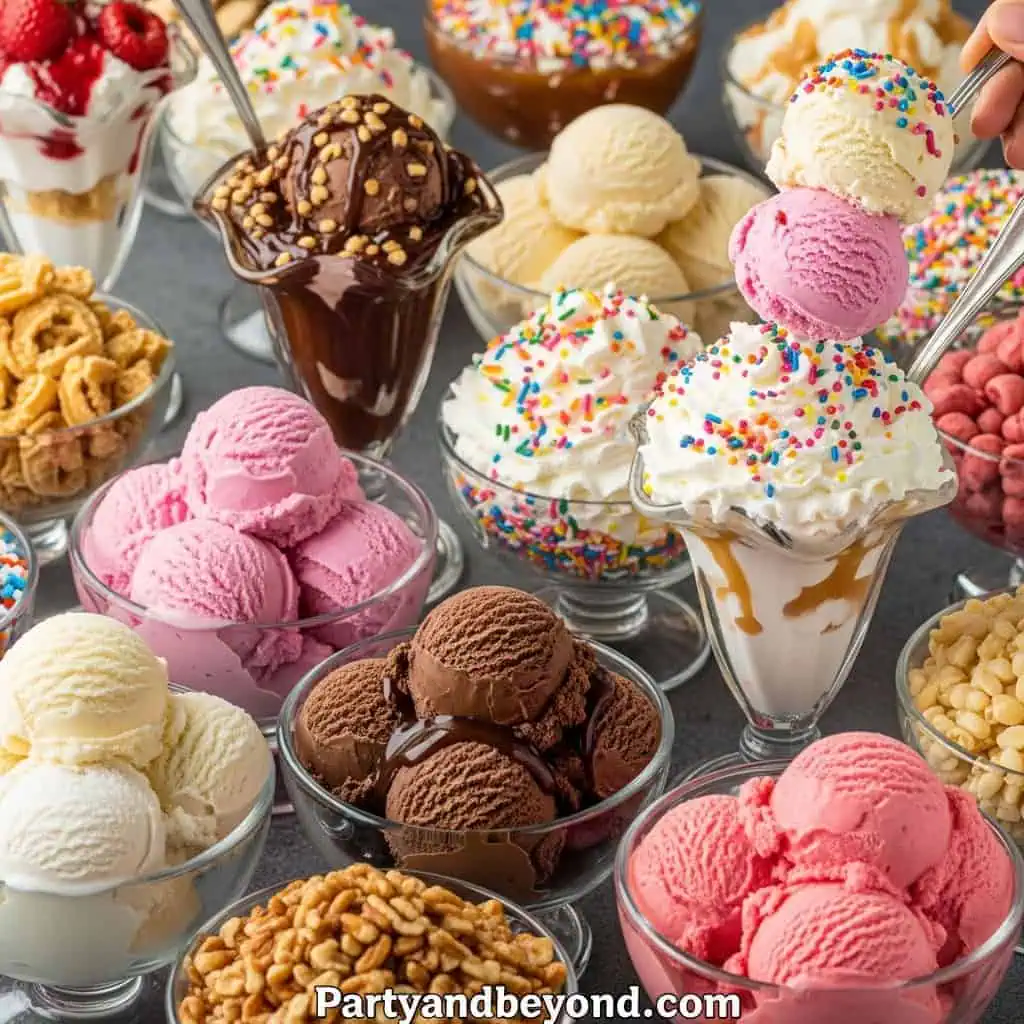 Vibrant ice cream desserts with sprinkles, chocolate, and fruit toppings.