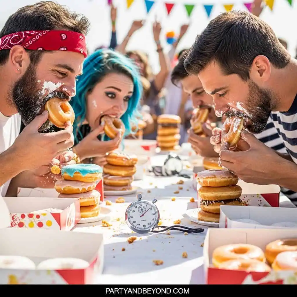 Kids enjoying a donut-eating contest at a lively birthday party.