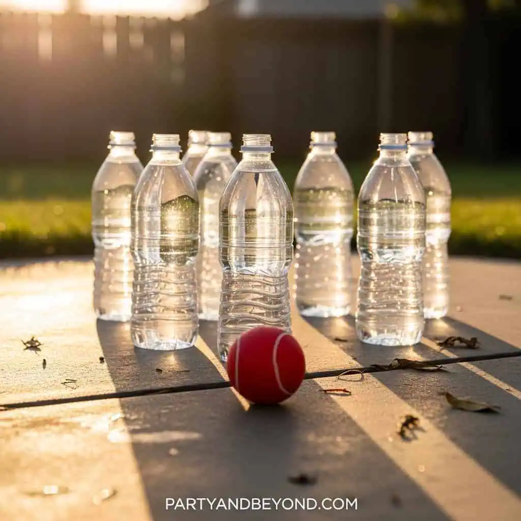 Bottled water and a red ball for Minute to Win It party games.