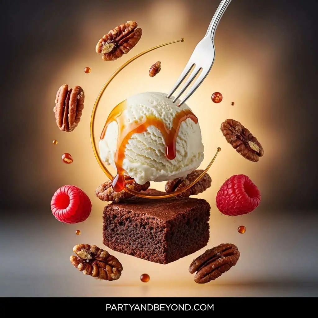 Delicious ice cream with caramel, nuts, and berries for fun party treats.