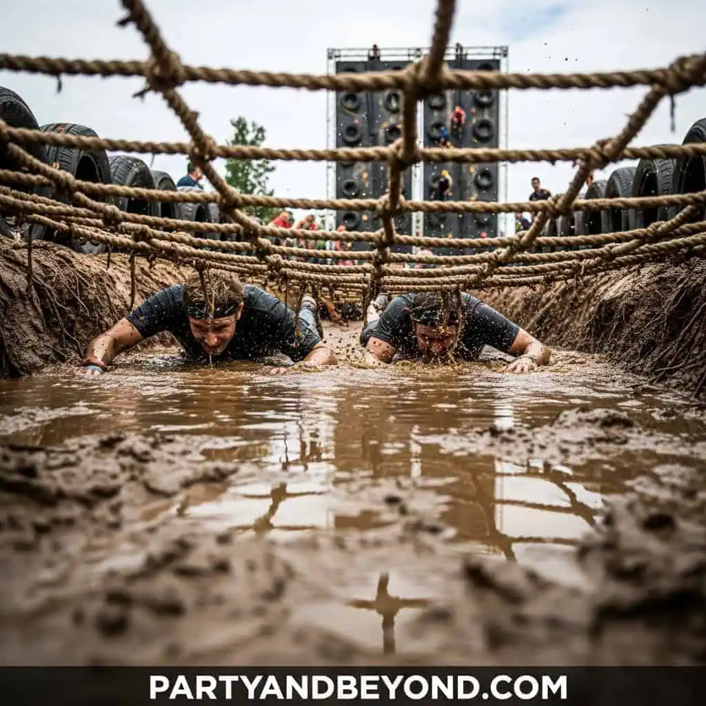 Kids crawling through muddy obstacle course at outdoor birthday party.