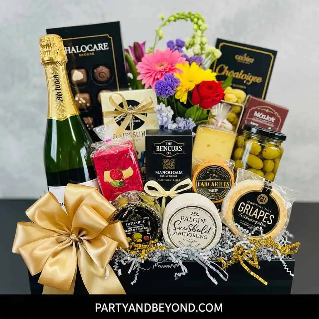 Elegant gift basket with chocolates, flowers, and gourmet treats for celebrations.