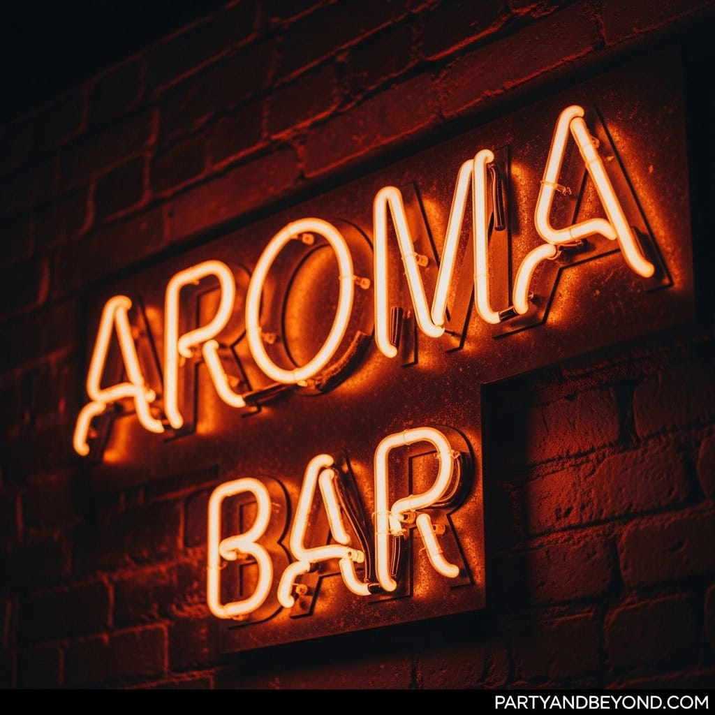 Bright neon sign reading "Aromatherapy Bar" on a brick wall.