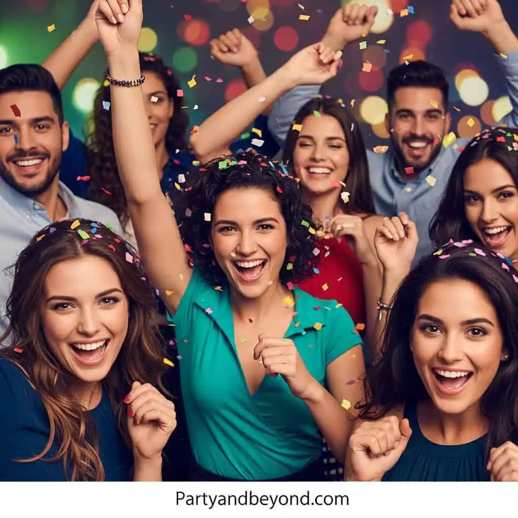 Vibrant group celebrating at a birthday party with colorful confetti and joyful expressions.