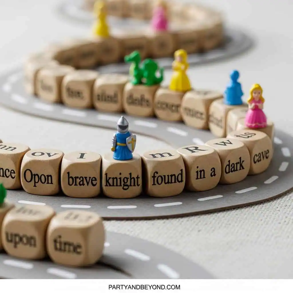 Wooden word game with colorful knight and princess figurines for kids' birthday fun.