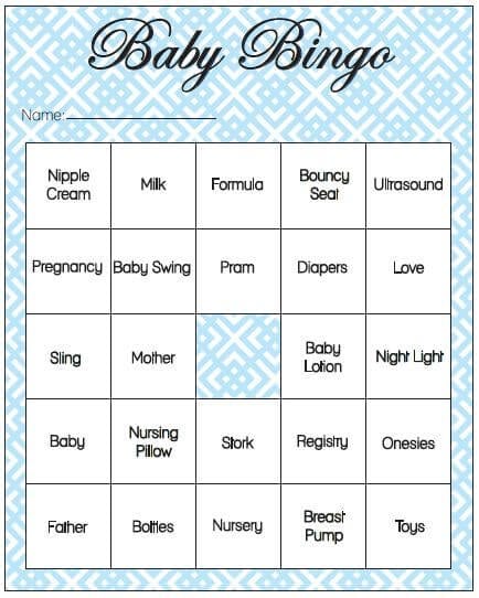 Baby shower bingo game card with baby-related words for fun activities.