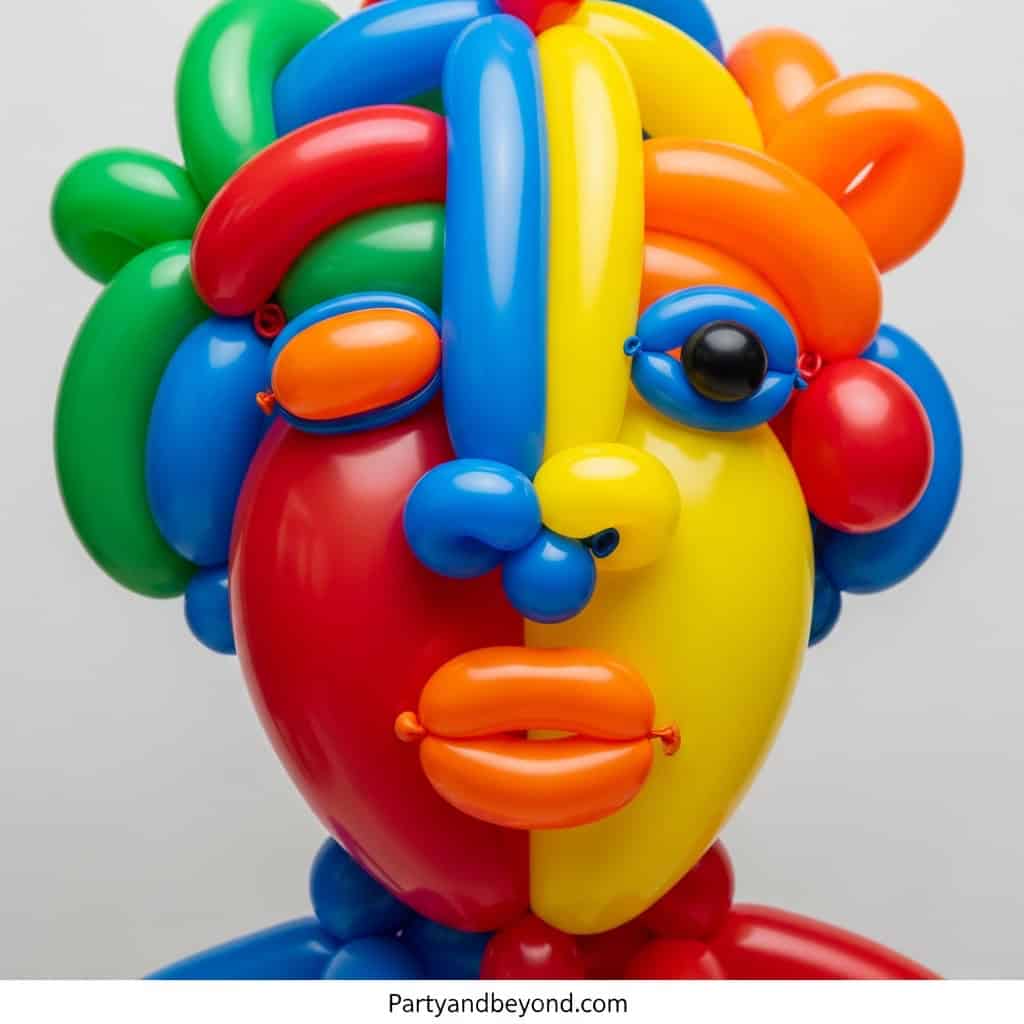 Colorful balloon face sculpture with vibrant hues and creative design.
