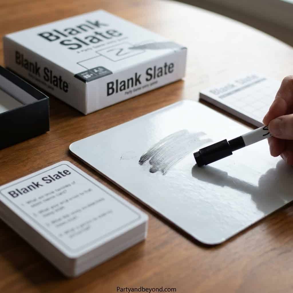 Adult party game Blank Slate with cards and dry erase board for dinner parties.
