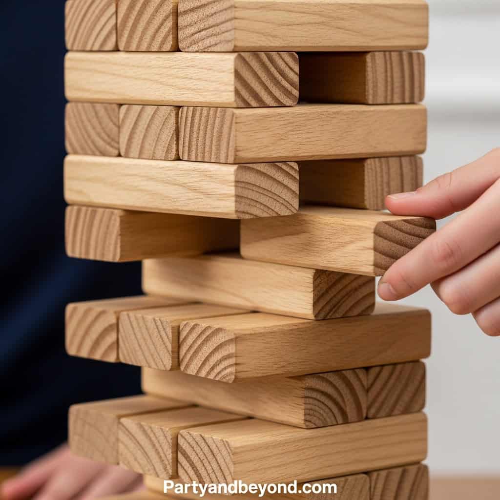 Wooden Jenga game at wedding reception for entertainment.