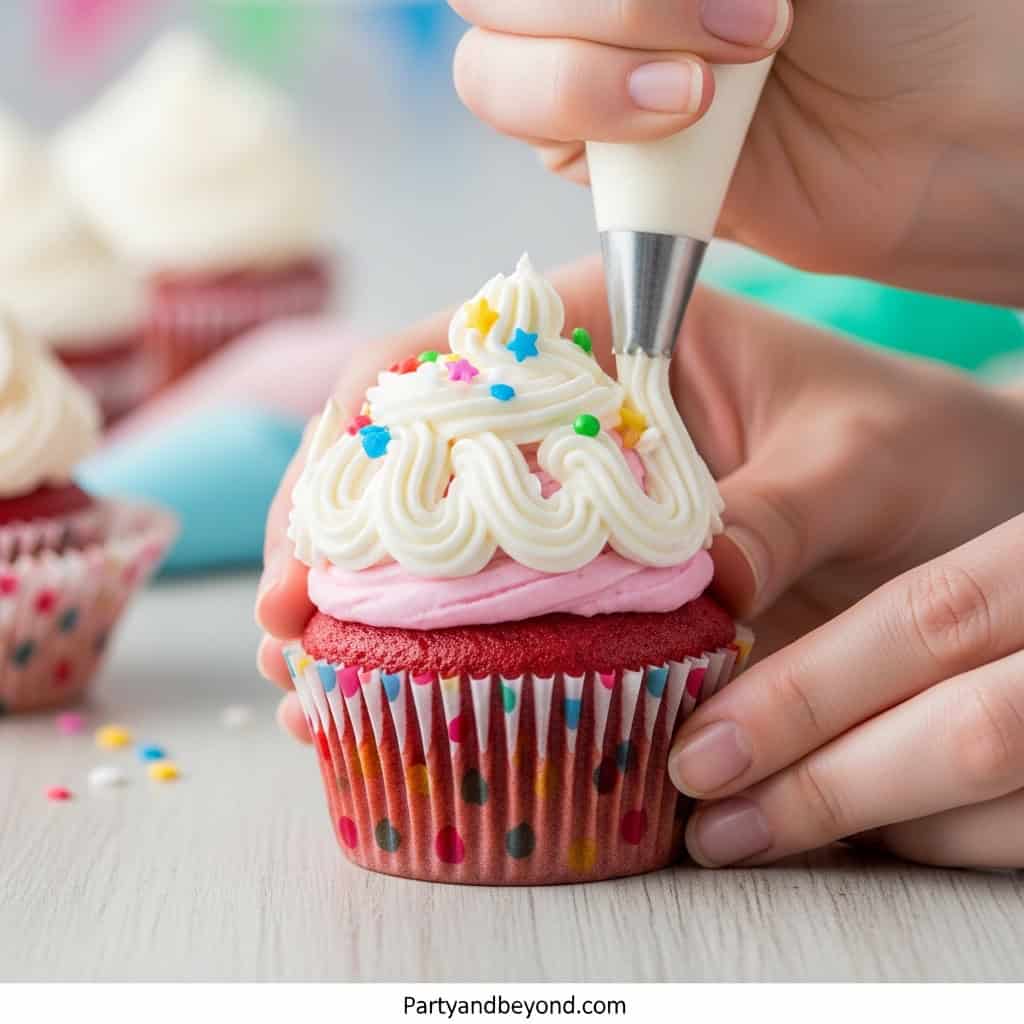 Child decorating a colorful cupcake with icing and sprinkles for a birthday party.