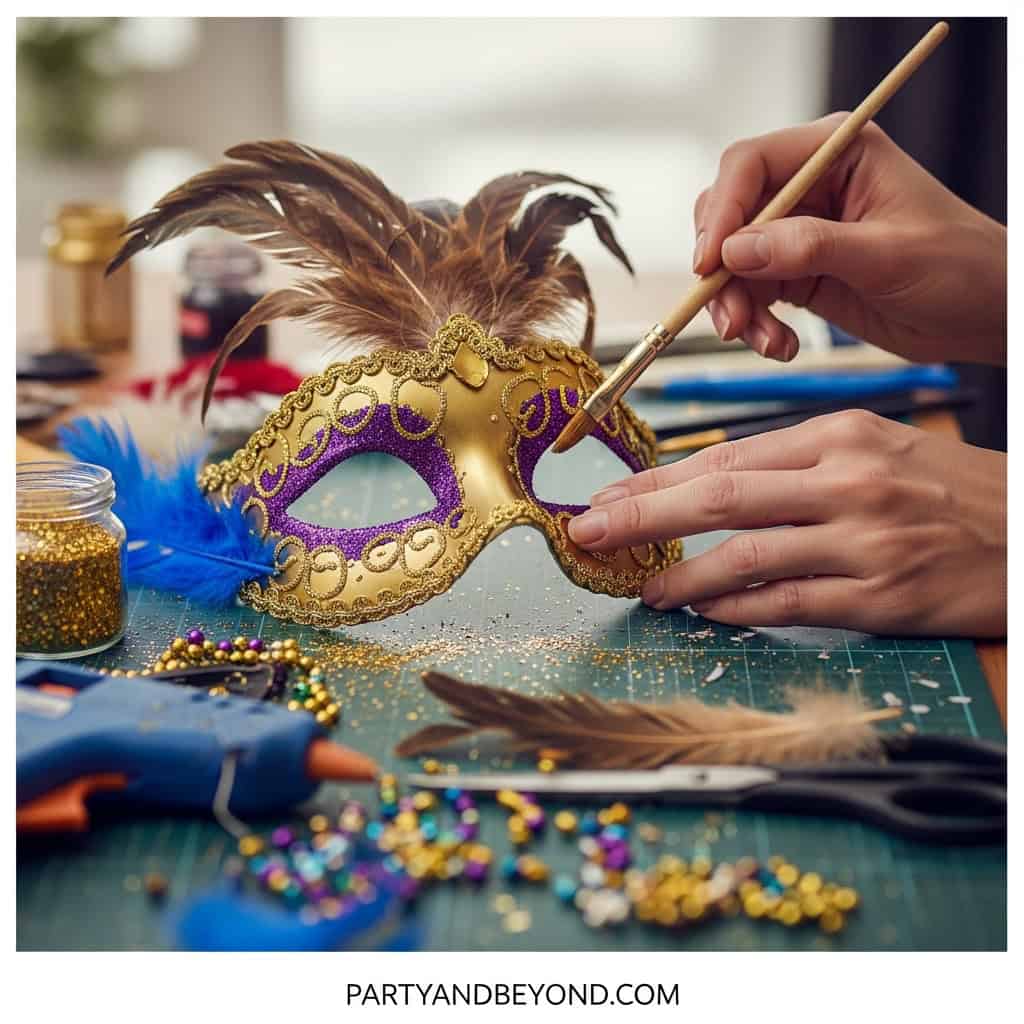 Festive carnival mask decorated with feathers and gold accents, perfect for kids' party activities.
