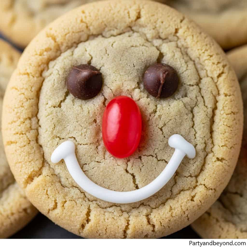Playful cookie decorated as a smiling face with chocolate eyes, a red candy nose, and a white icing.