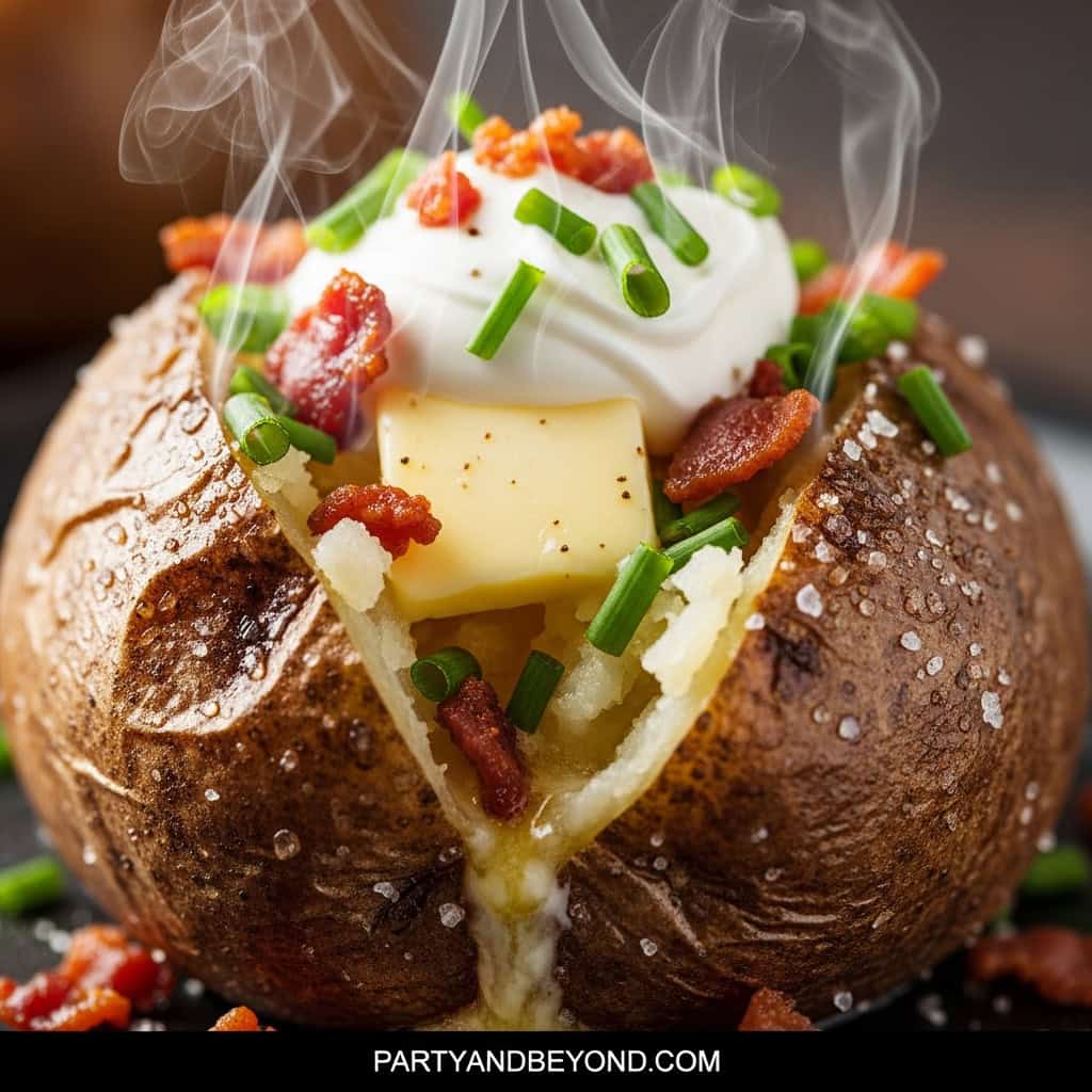 Baked potato topped with cheese, sour cream, bacon, and chives, steaming hot and ready to serve.