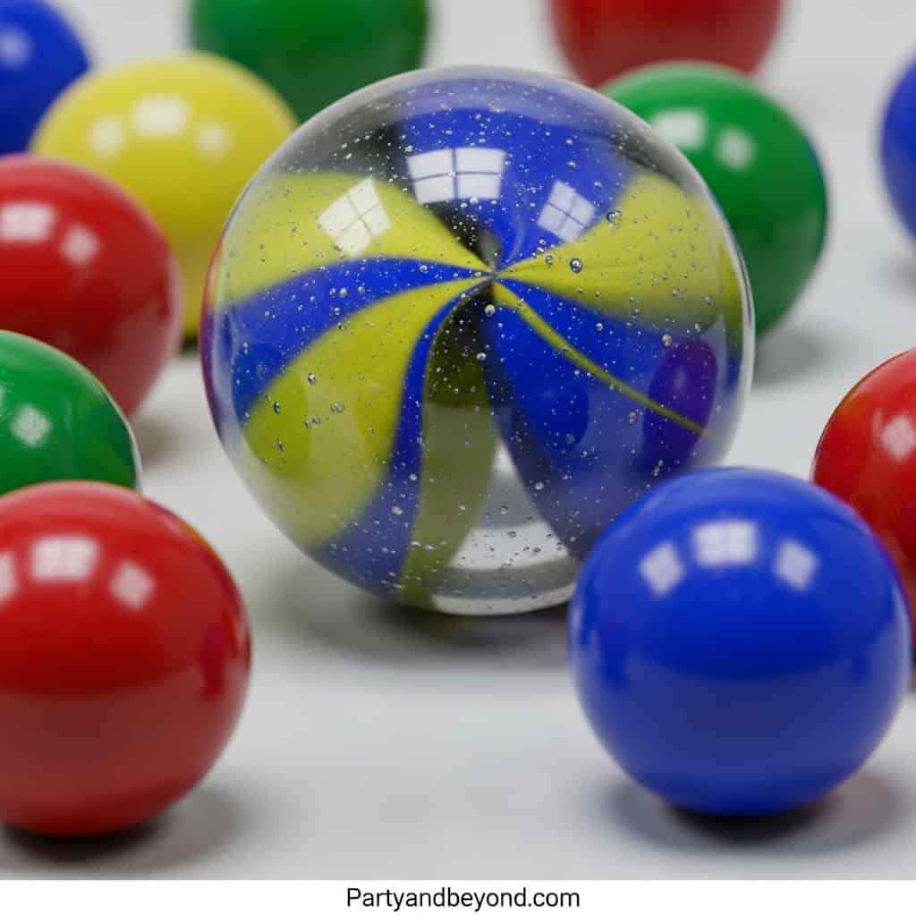 Vibrant marble surrounded by colorful bouncing balls, perfect for adult party game activities.