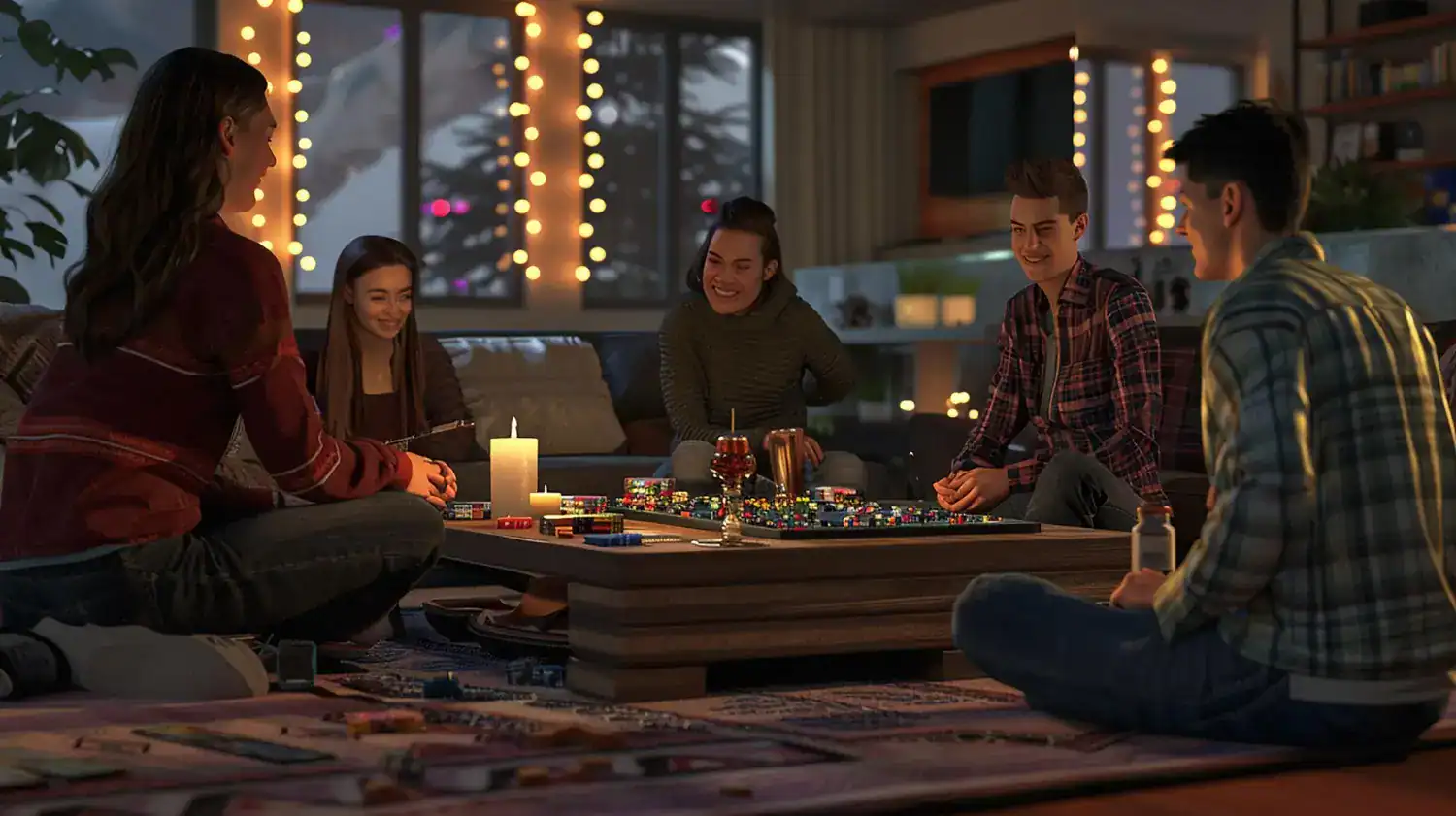 Friends playing board games at a cozy indoor dinner party.