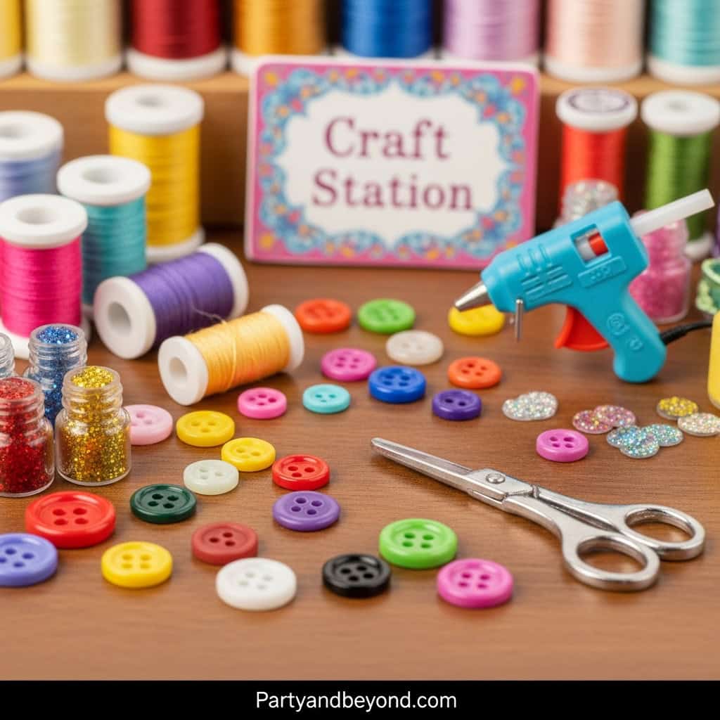 Colorful craft station with buttons, glue gun, and scissors for wedding game activities.