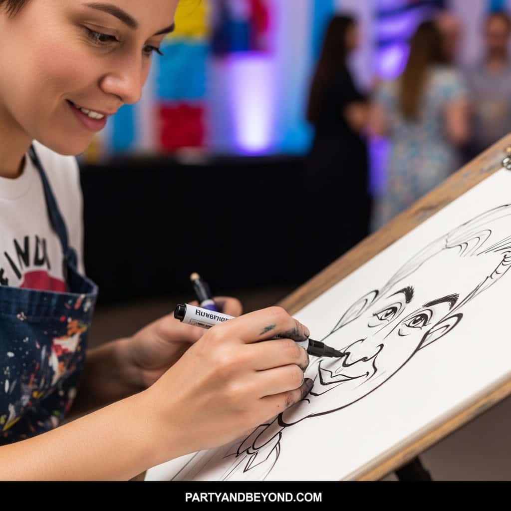 Caricature artist creating fun wedding reception entertainment.