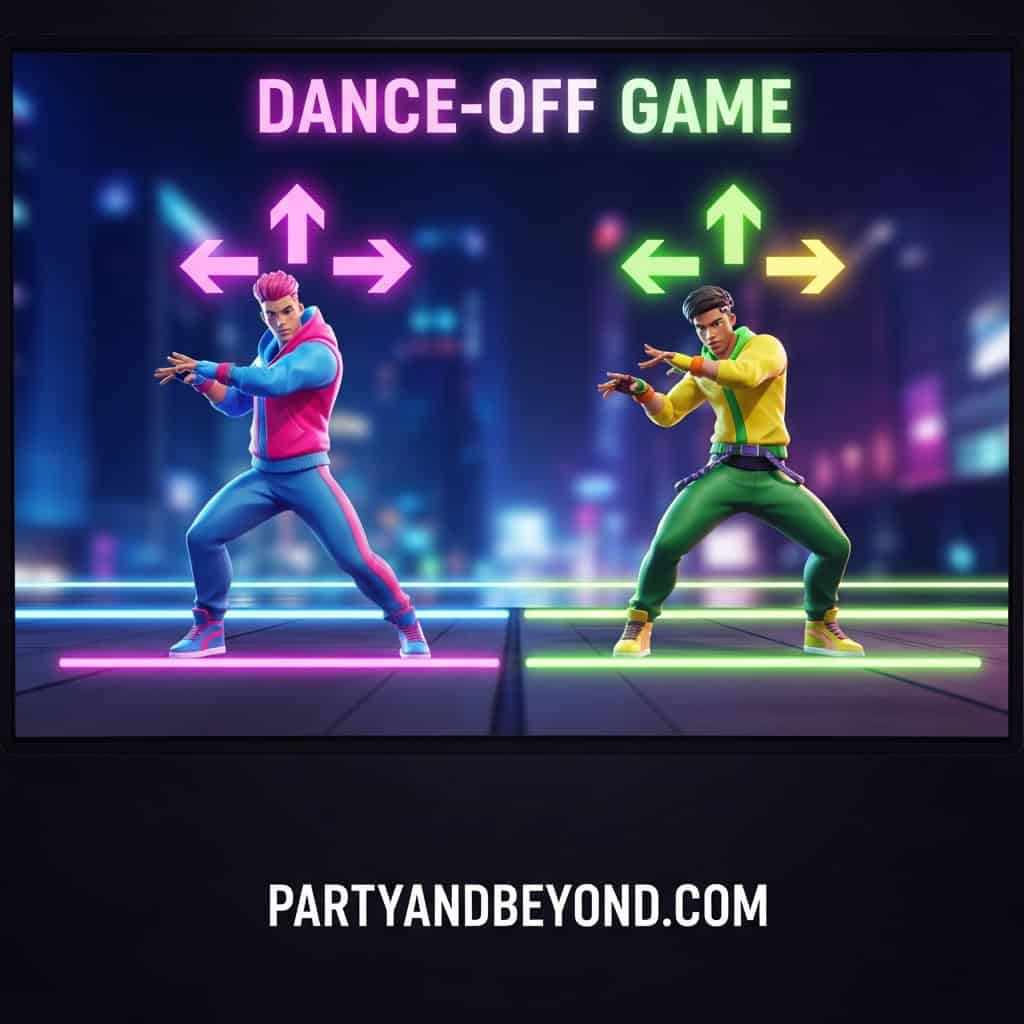 Fun dance-off game for wedding parties with colorful dancers and interactive moves.