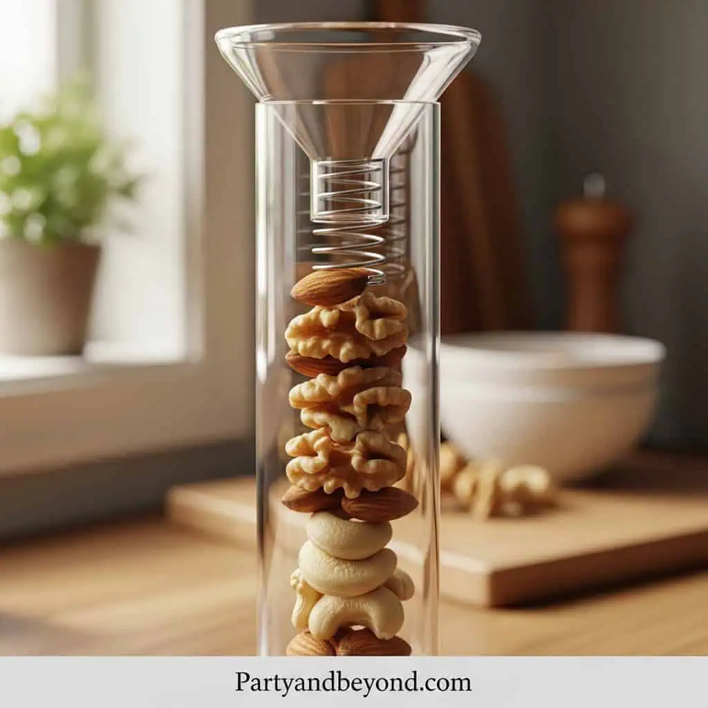 Nutcracker game with assorted nuts in a glass container for party fun.