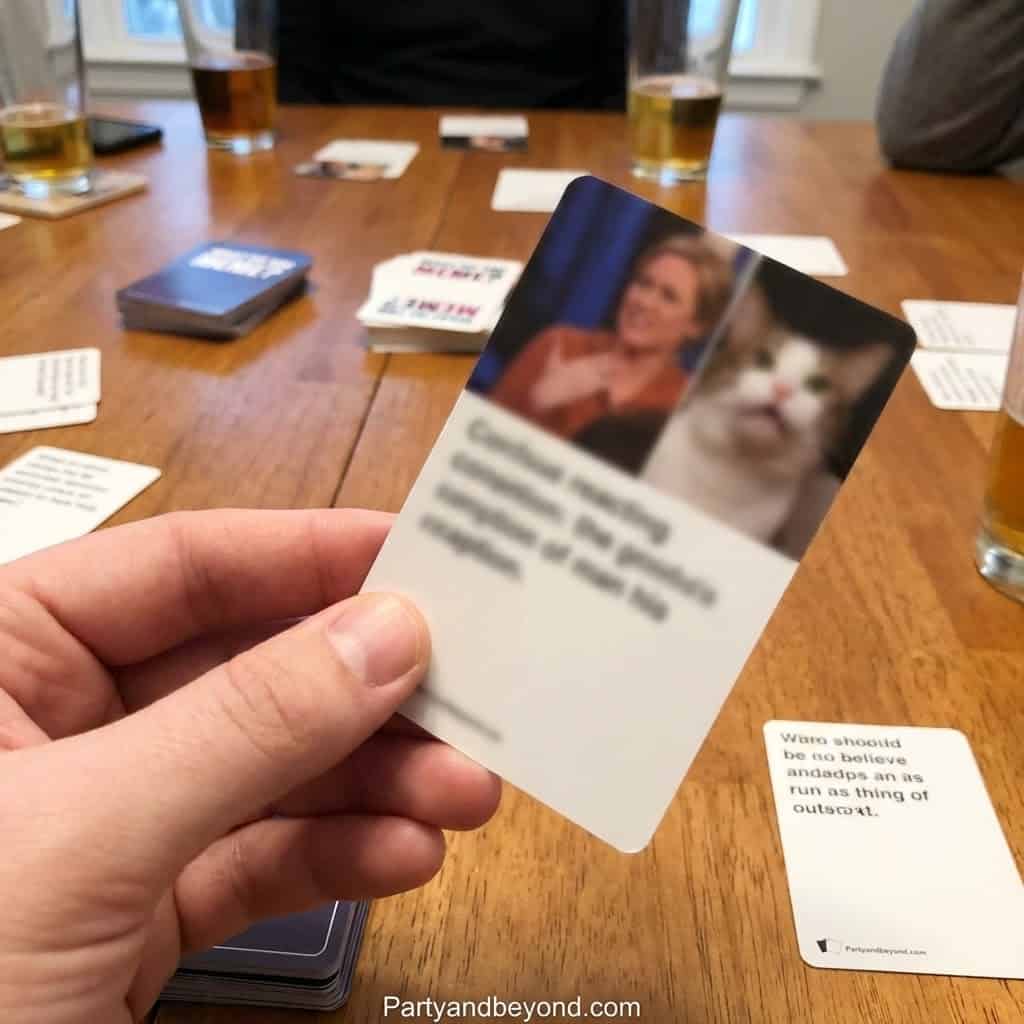 Close-up of a dinner party game card with a blurred background of people playing.