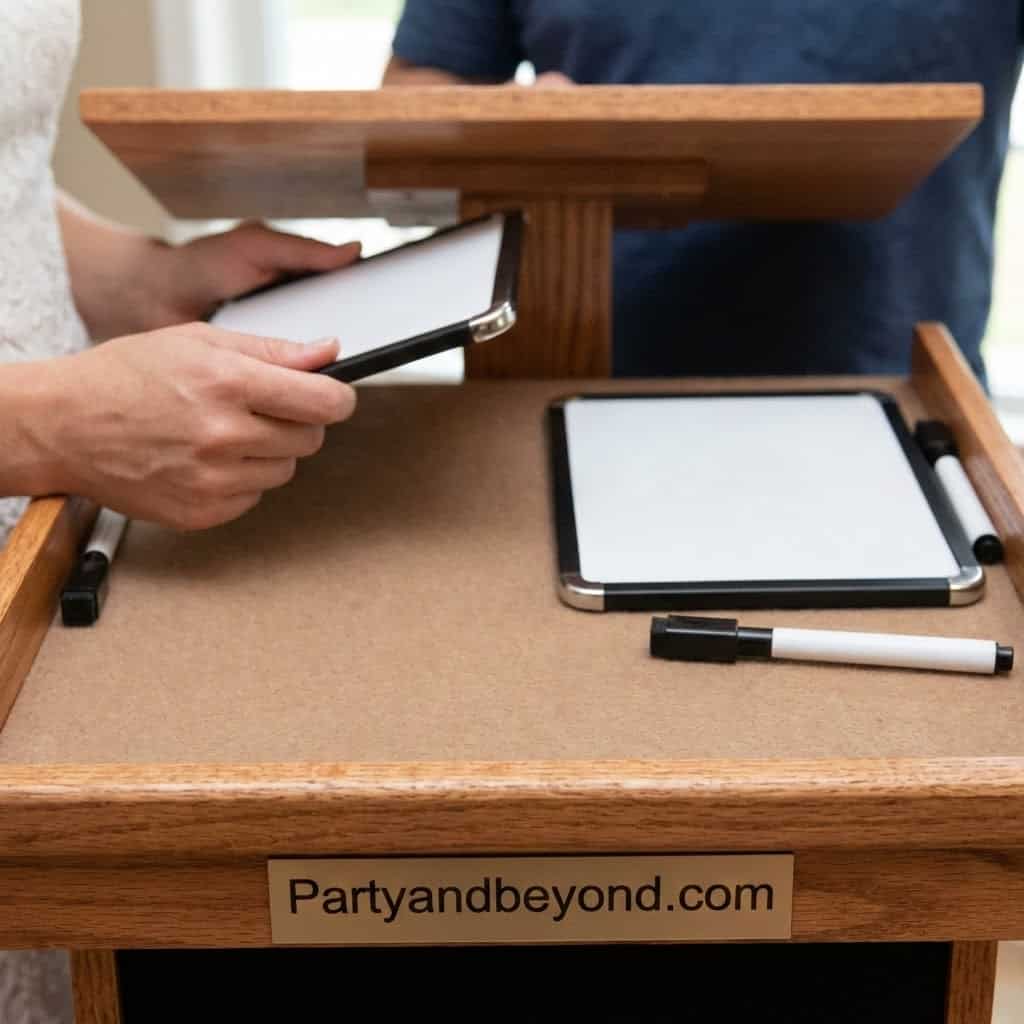 Interactive dinner party game with tablets and pens for adults.