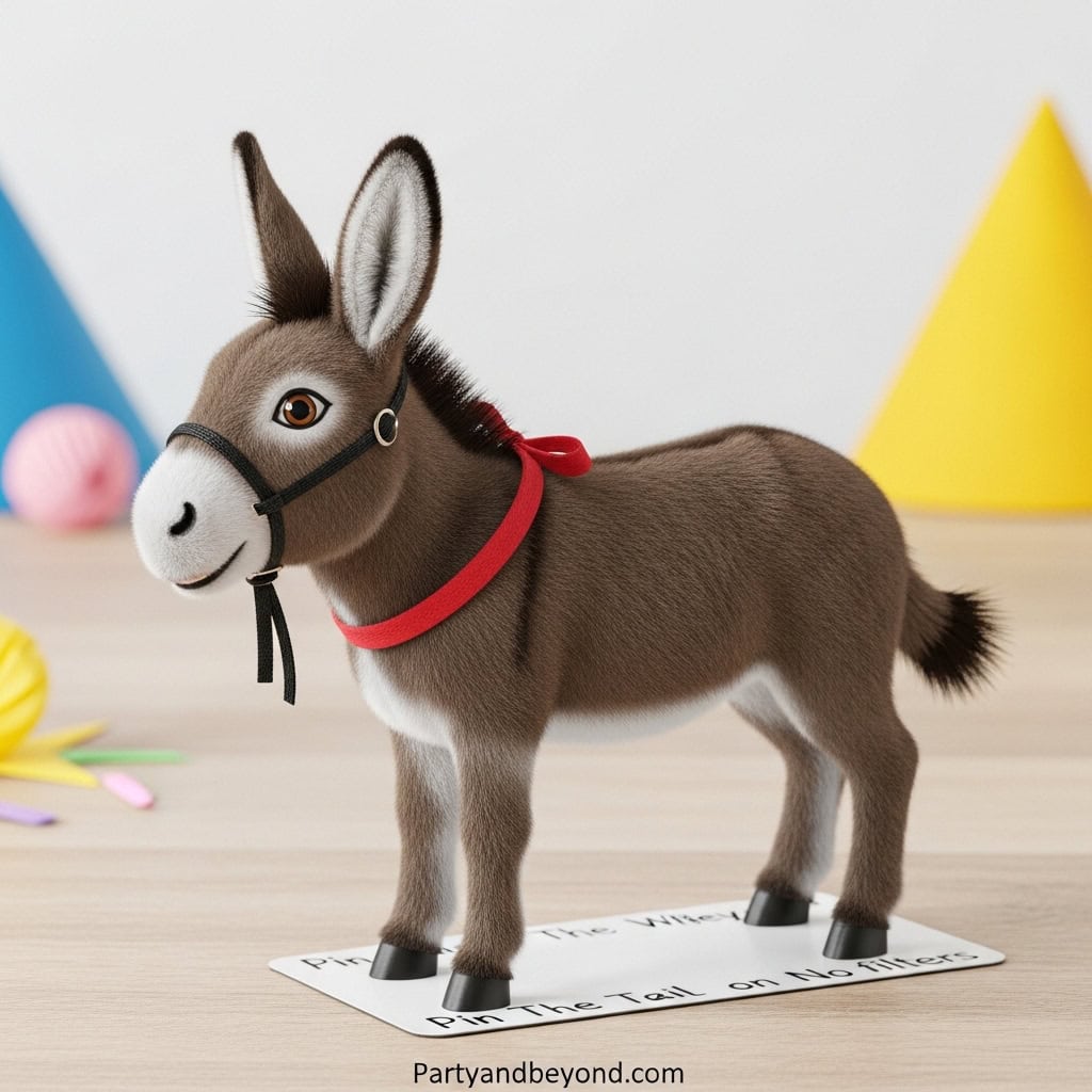 Plush donkey toy with harness, perfect for children's birthday party games.
