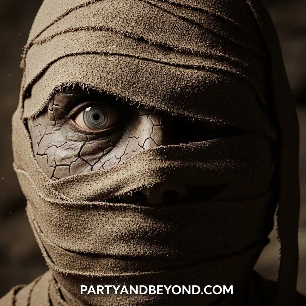 Mysterious figure with cracked face and bandages, Halloween or costume party theme.
