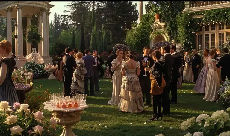 Outdoor wedding reception with guests enjoying dancing and entertainment.